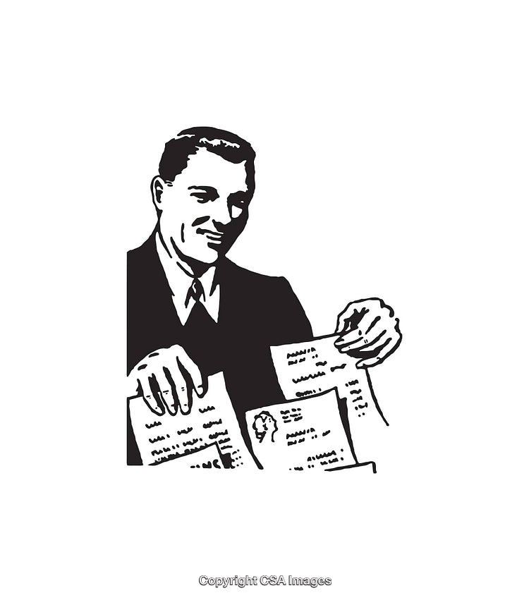 Retro Black and White Illustration of a Business Professional Reviewing Papers