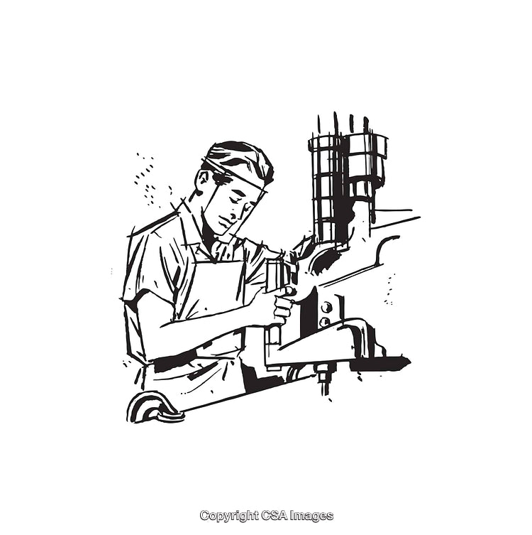 Black and White Line Art Illustration of a Metalworker Operating Equipment