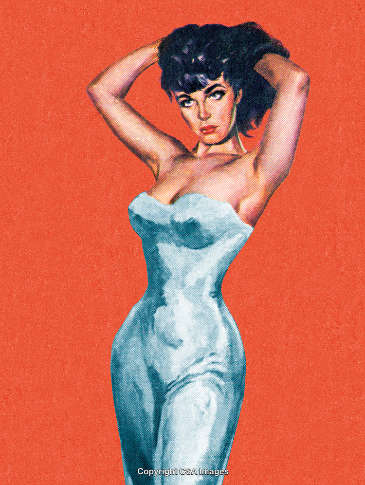Vintage Illustration of Stylish Woman Posing in Elegant Outfit with Orange Background