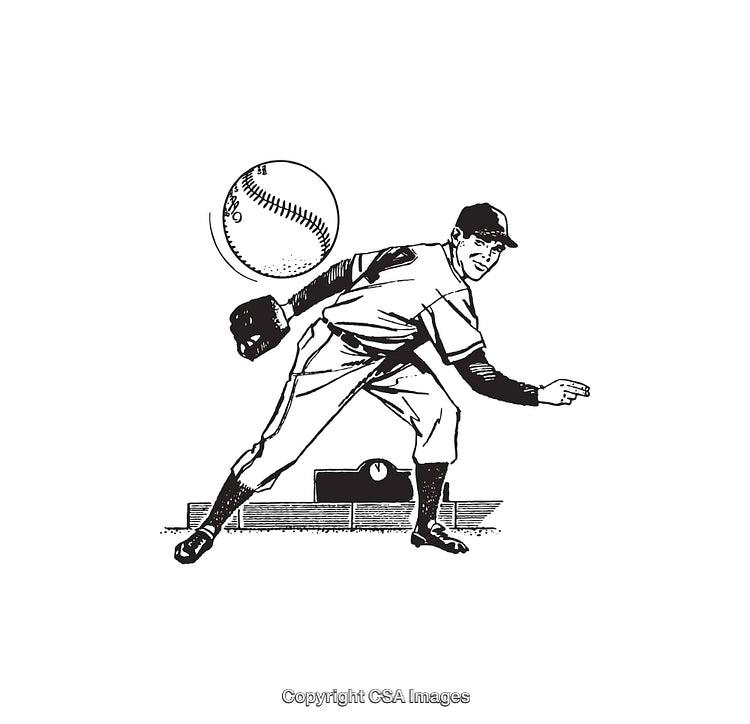 Vintage Baseball Line Art Illustration of a Pitching Player