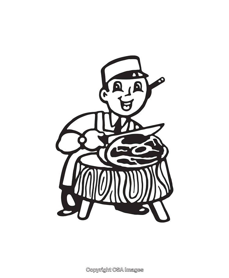 Vintage Black And White Illustration of a Smiling Butcher at Work