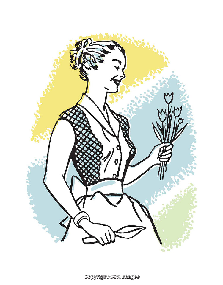 Vintage Style Illustration of a Woman Holding Tulips and Gardening Shears