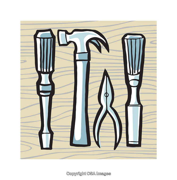Hand Tools Illustration Featuring Hammer, Screwdrivers, and Pliers on Wood Background