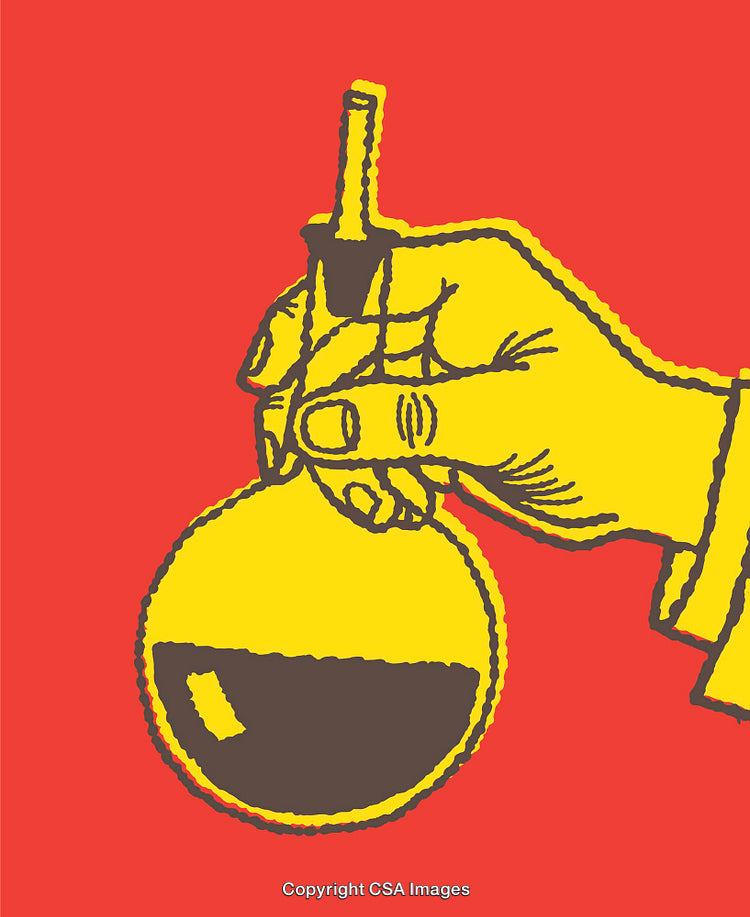 Bold Line Art Illustration of Hand Holding a Chemistry Flask