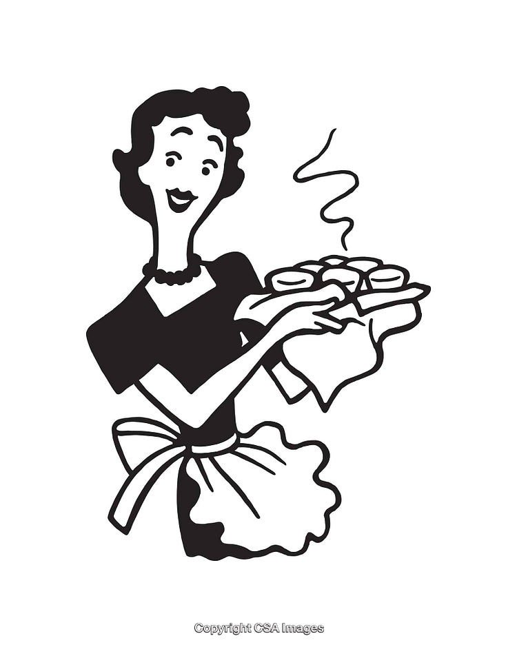 Retro Black and White Illustration of Woman Baking Fresh Pastries