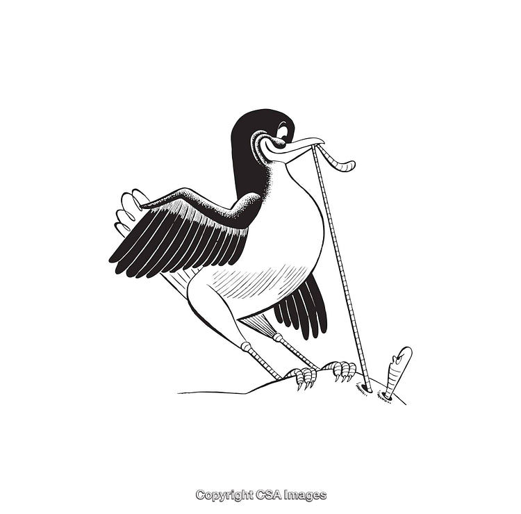 Black and White Illustration of a Bird Catching a Worm