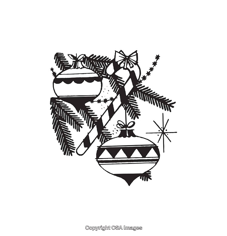 Black and White Line Art of Christmas Decorations with Ornaments and Candy Canes