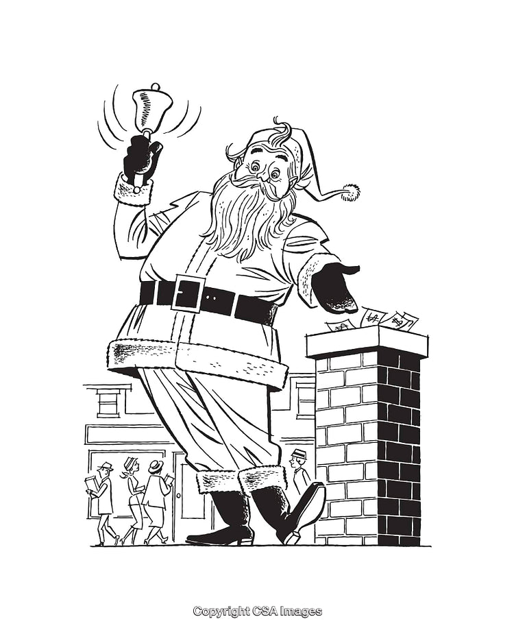 Black And White Illustration of Santa Claus Ringing Bell During Christmas