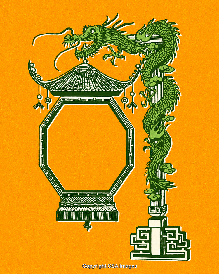 Traditional Asian Dragon Illustration With Geometric Patterns and Vibrant Colors