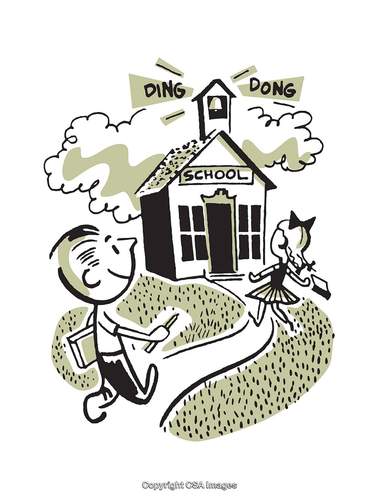 Vintage School Illustration of Happy Children Arriving at Schoolhouse