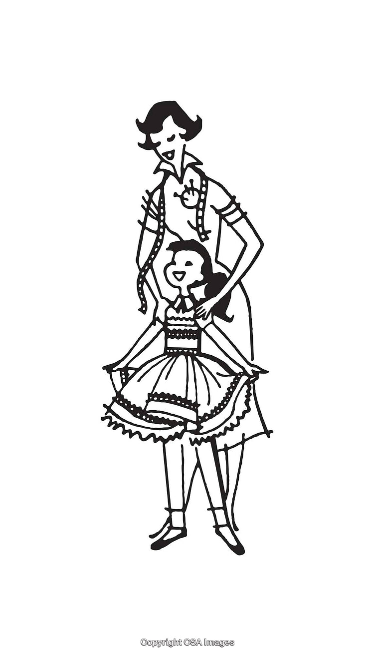 Retro Style Mother Helping Daughter Adjust a Cute Dress Illustration