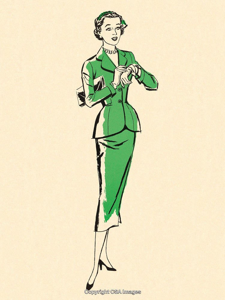 Vintage Illustration of a Woman in Elegant Green Suit Holding a Small Object