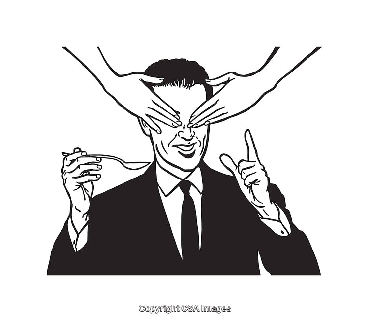 Black and White Line Art of Playful Hands Covering Man’s Eyes