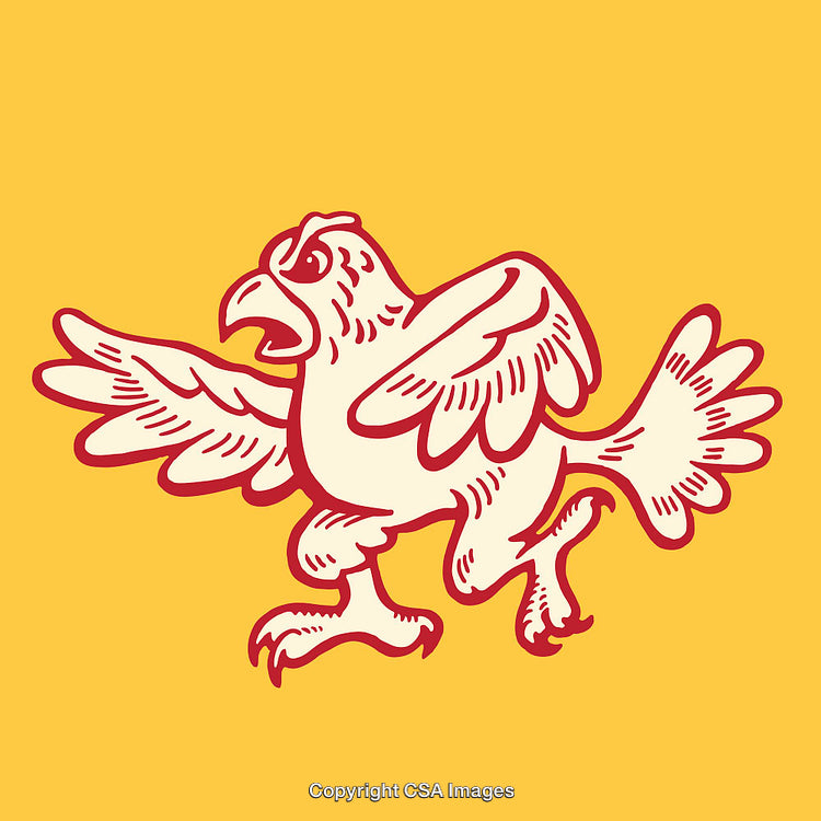 Whimsical Line Art Illustration of a Bird in Bold Red and Yellow