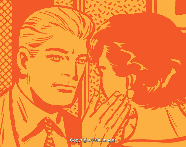 Pop Art Illustration of Two People Sharing a Secret in Bold Colors