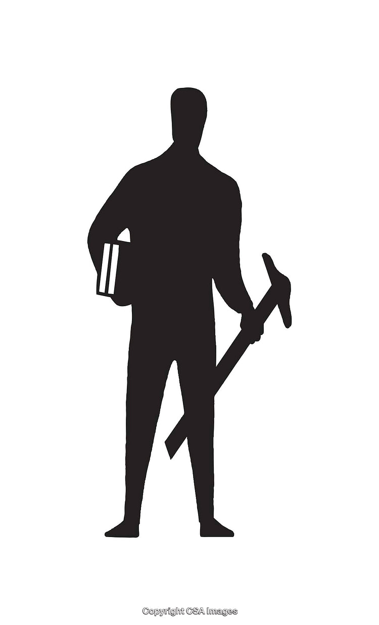 Silhouette of a Worker Carrying Tools and Books in Black and White