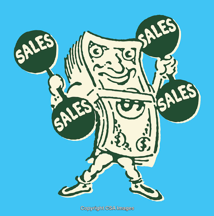 Vintage Cartoon Dollar Promoting Sales with Energetic Pose and Balloons