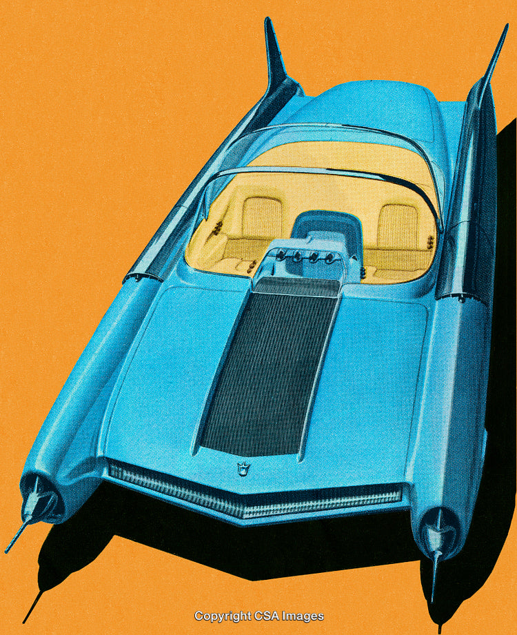 Retro Futuristic Car with Unique Blue and Yellow Design on Vibrant Background