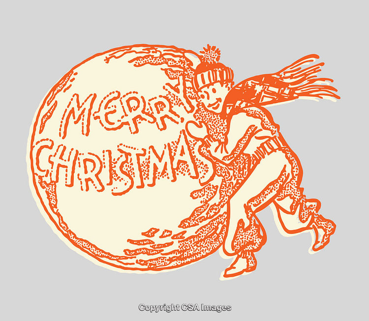 Retro Line Art Illustration Featuring Merry Christmas Message and Joyful Figurine