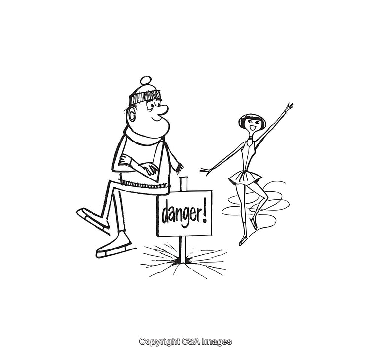 Humorous Ice Skating Cartoon with Danger Warning Sign