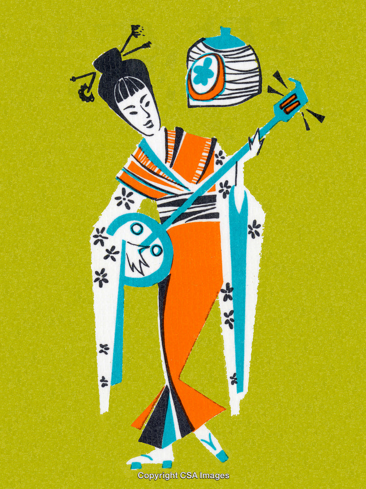 Traditional Japanese Artwork of a Geisha Playing a Shamisen
