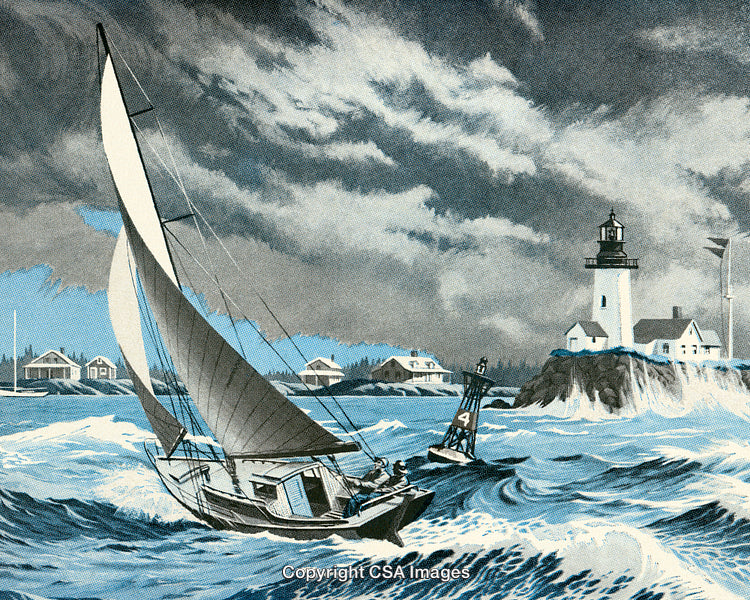 Sailboat Battling Rough Seas Near a Lighthouse During a Stormy Day