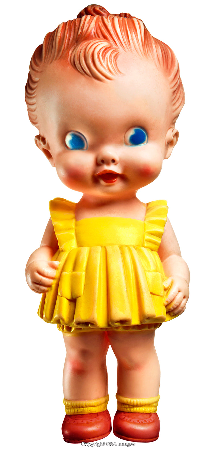 Vintage Plastic Doll in Yellow Dress with Vibrant Colors and Unique Style