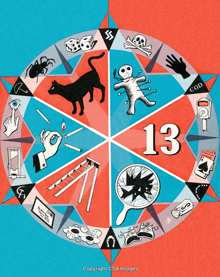 Colorful Illustration Depicting Various Superstitions and Symbolic Elements in a Wheel Format