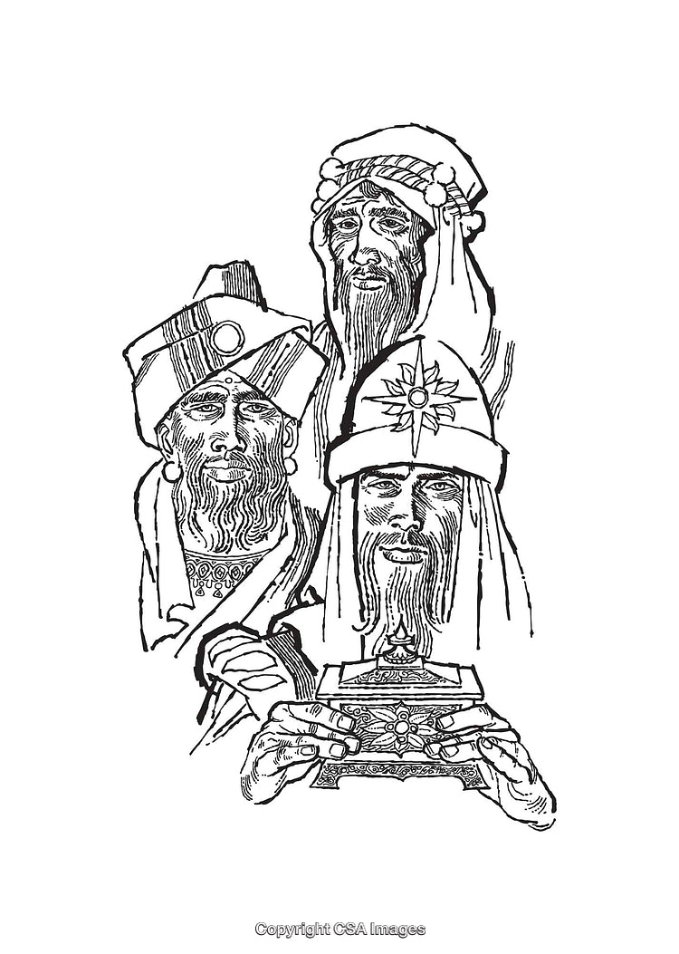 Three Wise Men Line Art Illustration in Black and White Style