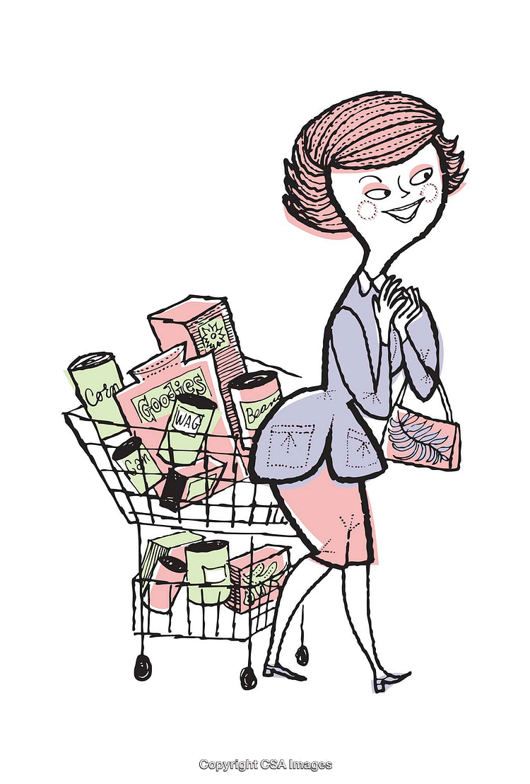 Stylized Illustration of a Happy Woman Shopping with a Cart of Groceries