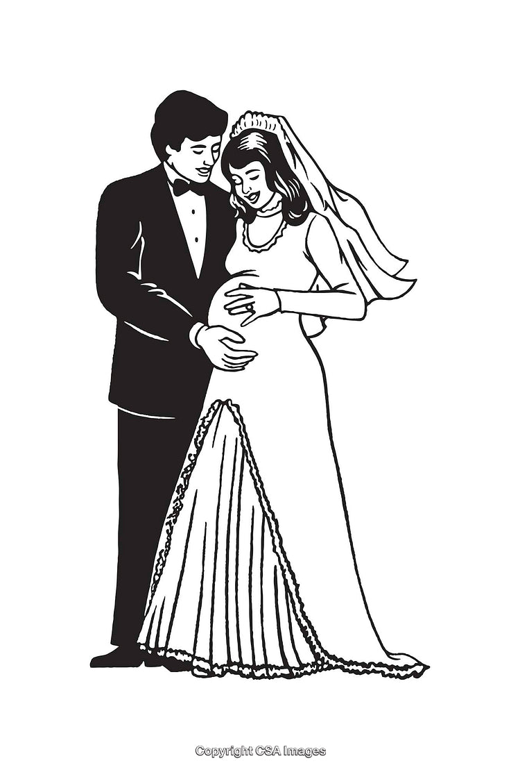 Bride and Groom Embracing Pregnancy in Black and White Line Art Illustration