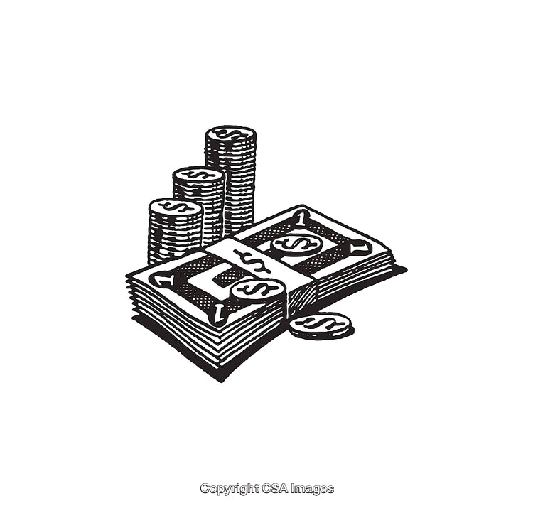 Black and White Line Drawing of Money and Coins in a Stack