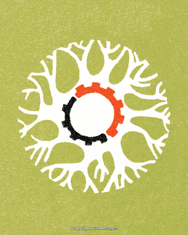 Abstract Illustrated Network with Gears and Organic Connections on Green Background