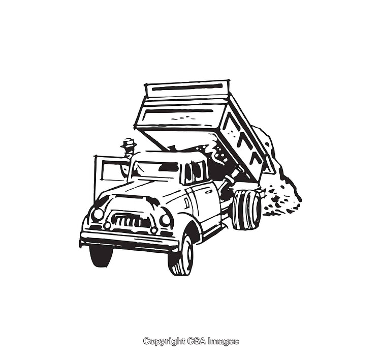 Black and White Line Art of Dump Truck Unloading with Detailed Illustration