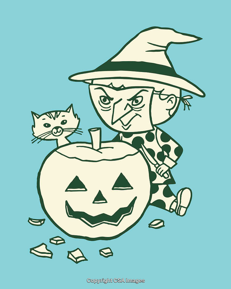 Playful Witch Carving Pumpkin With Cat in Vintage Line Art Style
