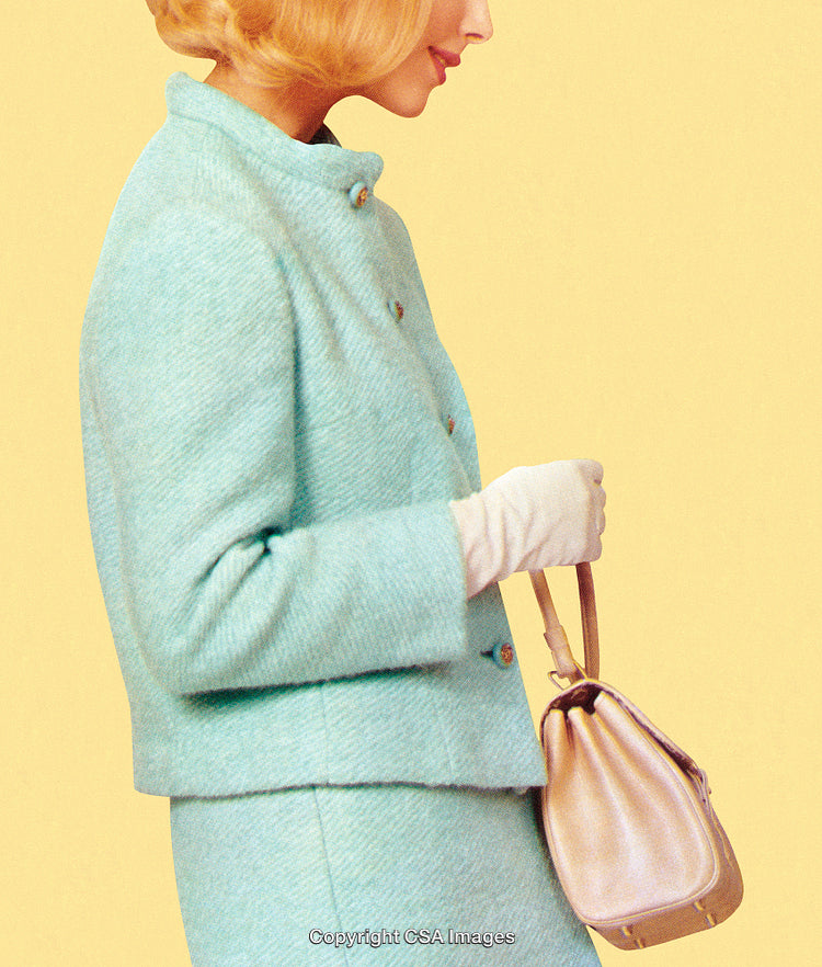 Retro-Style Woman in Elegant Outfit Holding Leather Purse on Yellow Background