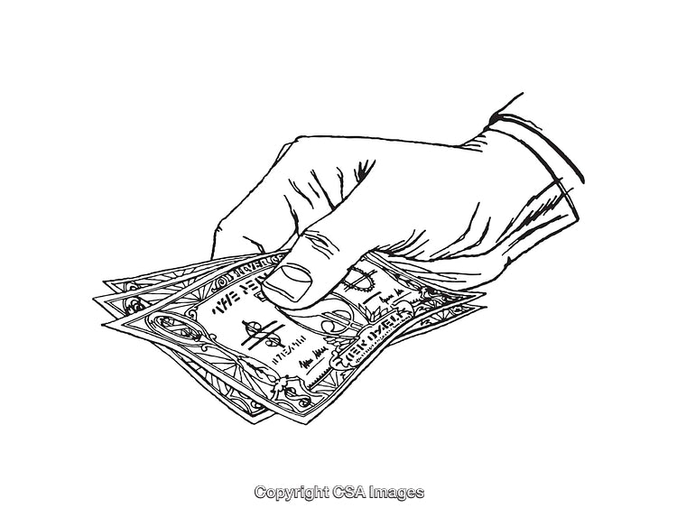 Hand Holding Money in Black and White Line Art Illustration