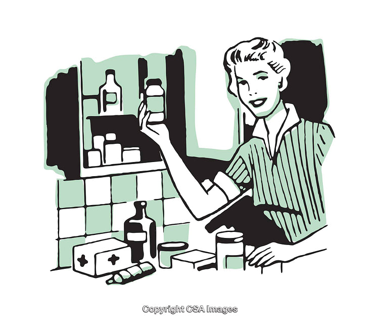 Retro Illustration of a Woman Organizing a Medicine Cabinet