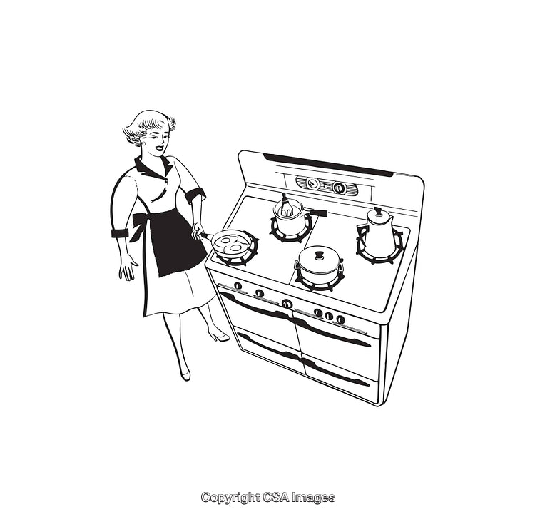 Vintage Line Art Illustration of a Homemaker in a Kitchen Scene
