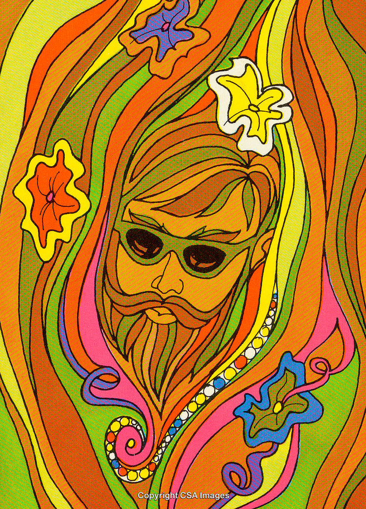 Abstract Psychedelic Artwork of Retro Man With Flowers and Vibrant Swirls