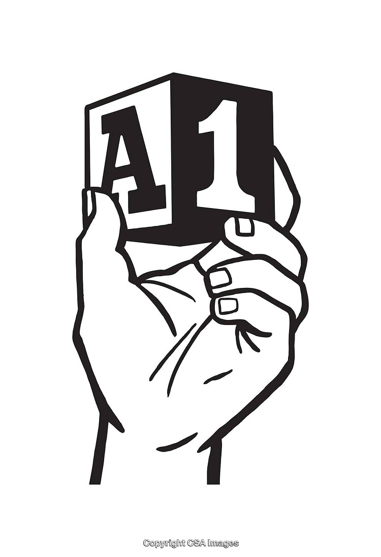 Black and White Line Art of Hand Holding a Letter Cube