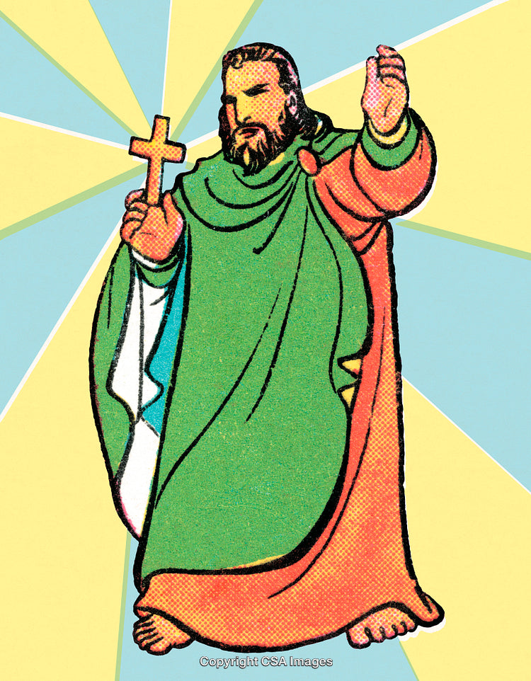 Illustration of a Saint Holding a Cross with Radiant Background