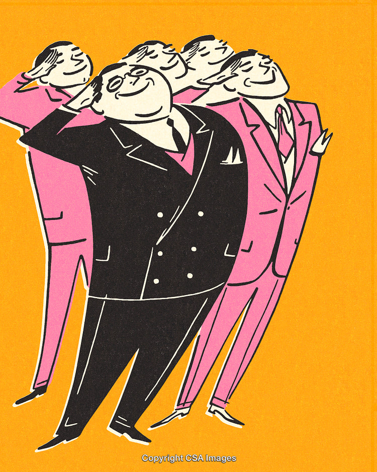 Stylized Illustration of Men in Suits Saluting with Cheerful Expressions