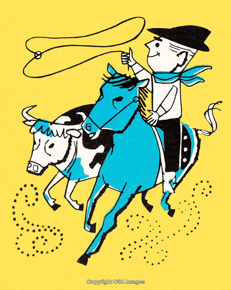 Cartoon Cowboy on Horseback Lassoing with Bright Yellow Background