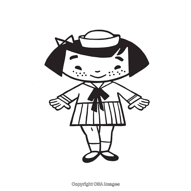 Cute Cartoon Girl in Sailor Outfit Line Art Illustration