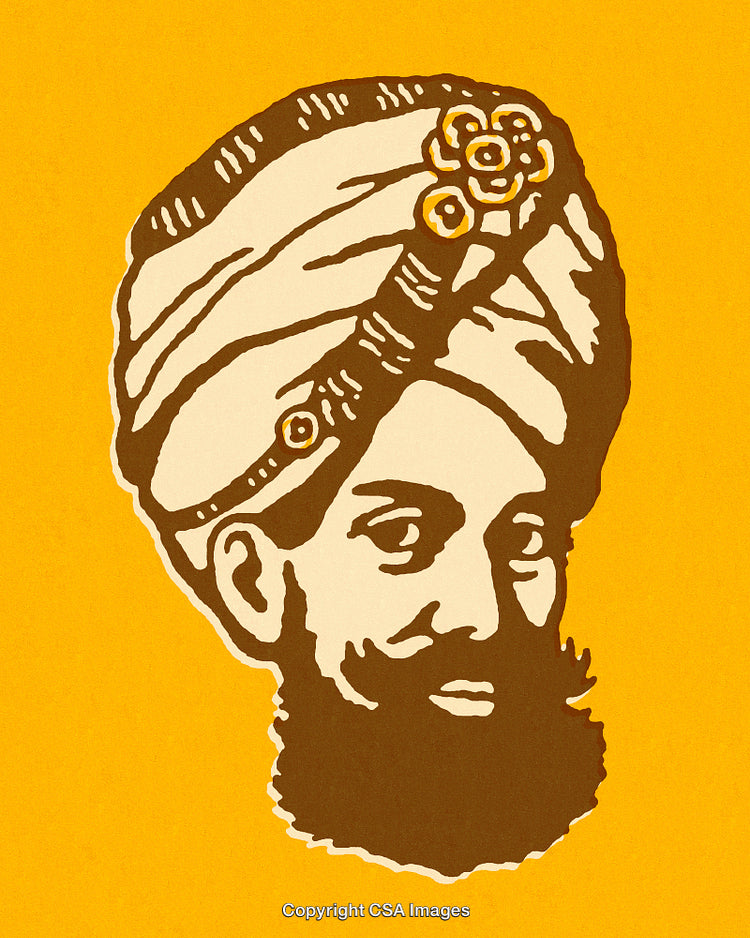 Vintage Illustration of Bearded Man Wearing a Turban on Golden Background