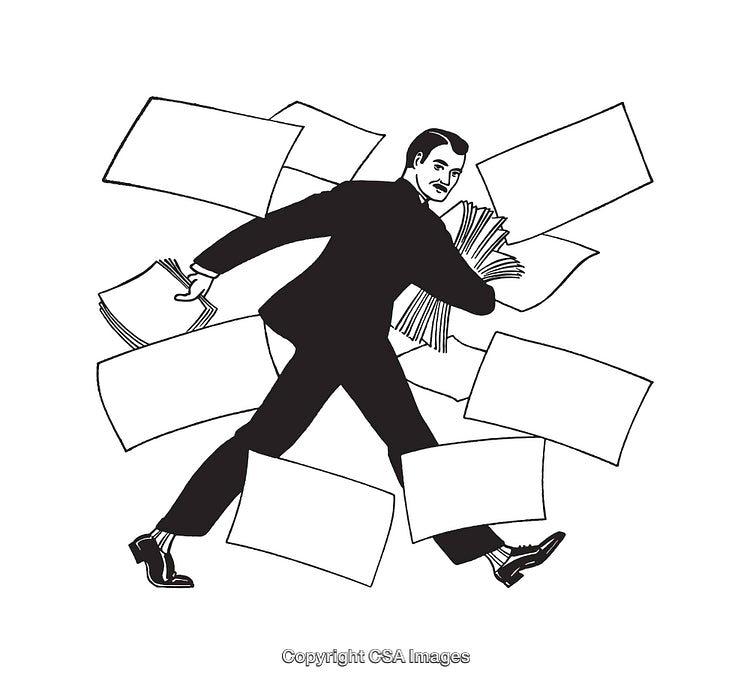 Black and White Illustration of a Busy Businessman with Papers Flying Around