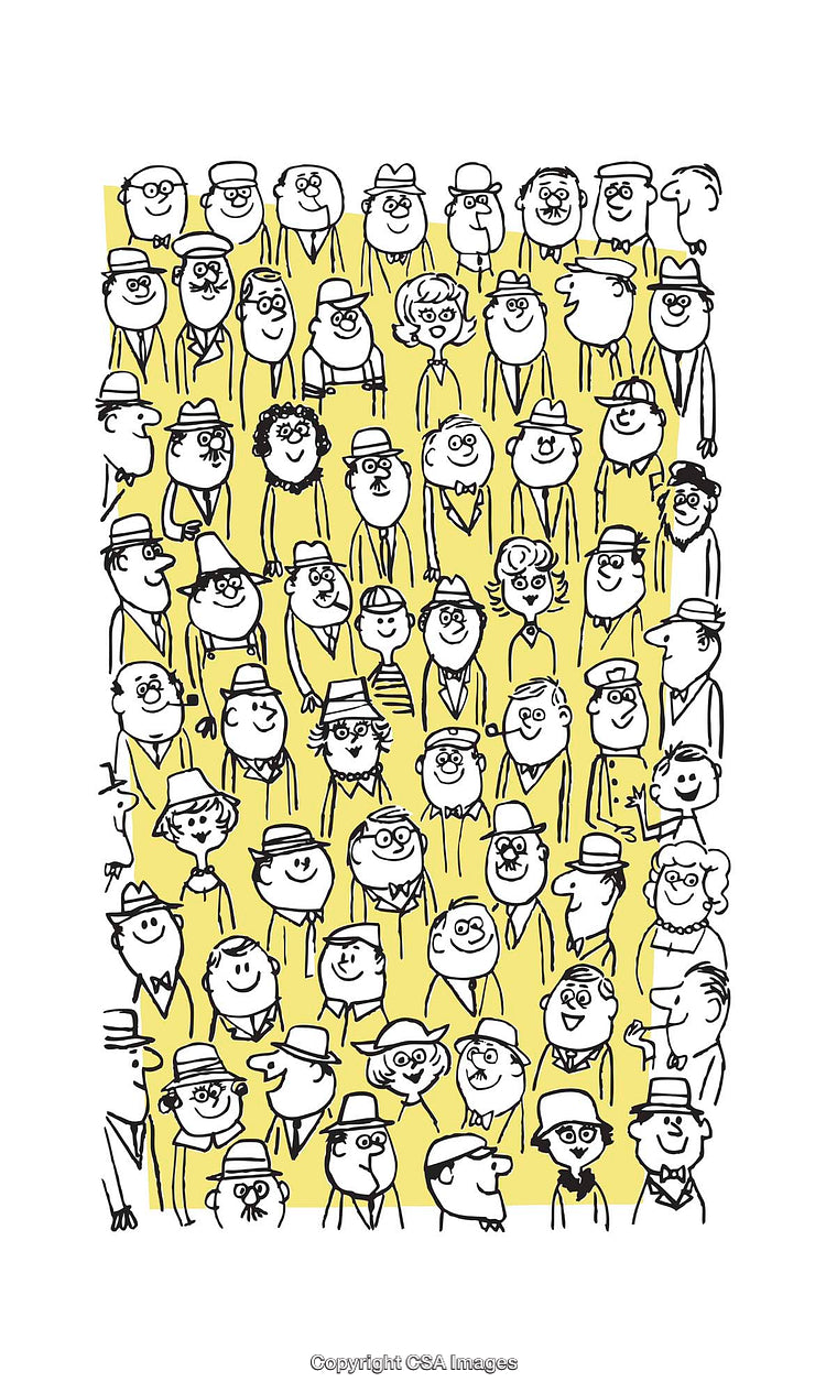 Cartoon Drawing of Faces with Cheerful Expressions in a Crowd