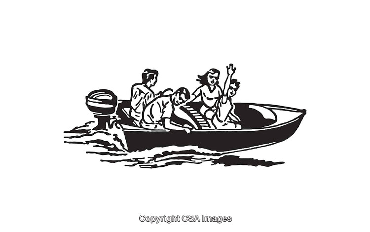 Family Enjoying a Speedboat Ride in Black and White Line Art