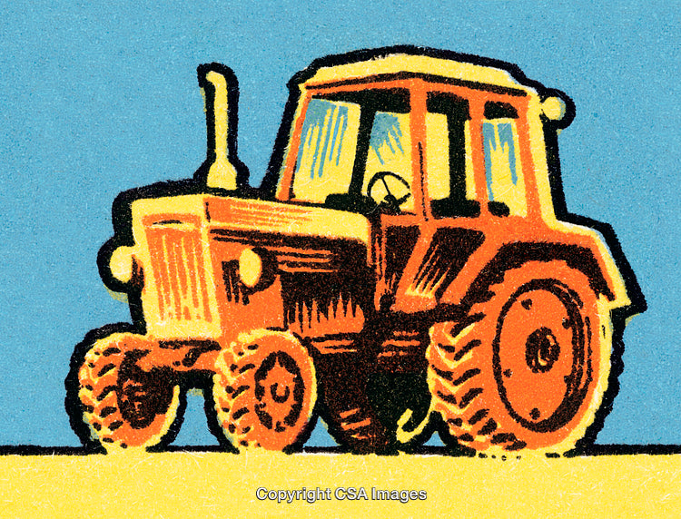 Retro Illustration of a Vintage Tractor on a Bright Blue Background